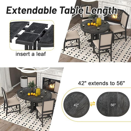 ERYE Mid-Century Modern Functional Extendable Wooden Round Dining Table with 14" Adjustable Leaf and Pillar-Trestle Legs, Wood Oval Dining Table