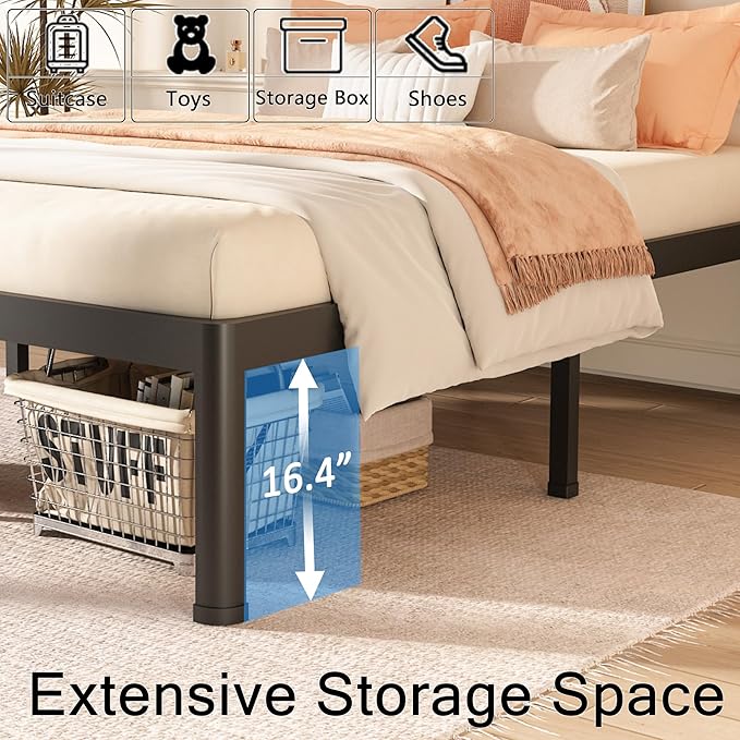 FUIOBYVV Queen Bed Frame with Round Corner Edge Legs 18 inch High 3500 lbs Heavy Duty Metal Platform Bed Frame Queen Size No Box Spring Needed/Non-Slip/Steel Slat Support/Noise Free