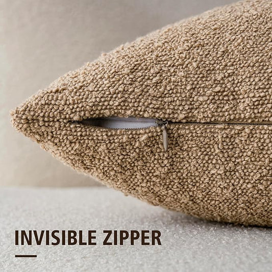 Foindtower Set of 2, Decorative Textured Boucle Throw Pillow Covers Accent Solid Pillow Cases Soft Cozy Couch Cushion Case for Chair Sofa Bedroom Living Room Home Decor 16 x 16 Inch Taupe Khaki Camel