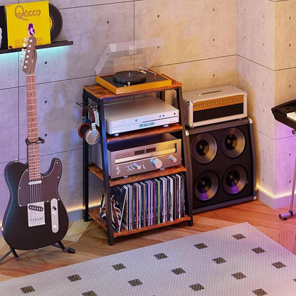 4-Tier AV Media Stand with 2 Hooks,Heavy Duty Stereo Cabinet Furniture-Large Stereo Rack and Game Console Stand,Wooden Record Player Stand,Audio Stand Perfect for DVD Players/Game Console/TV Box/Xbox