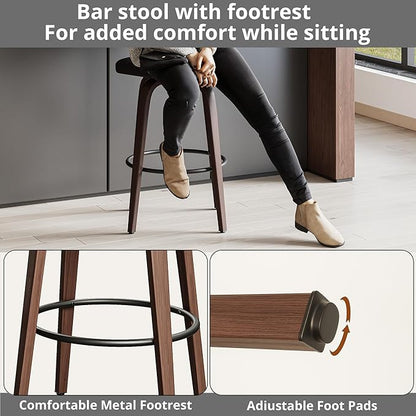 IRONCK Counter Height Bar Stools Set of 2, 29'' Faux Leather Upholstered Barstools with Back, Footrest, Wood Texture Bent Legs, Mid-Century Modern 360° Swivel Bar Stools for Kitchen Island, Black