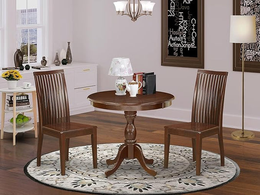 East West Furniture AMIP3-MAH-W 3 Piece Dining Table Set for Small Spaces Contains a Round Kitchen Table with Pedestal and 2 Kitchen Dining Chairs, 36x36 Inch, Mahogany