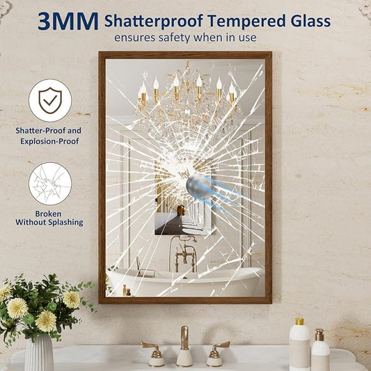 WEER Walnut Bathroom Mirror 24x36 Inch, Walnut Wood Grain Framed Mirror, Rectangle Wall Mounted Bathroom Vanity Mirror with Tempered Glass, Hangs Vertically or Horizontally, Anti-Rust