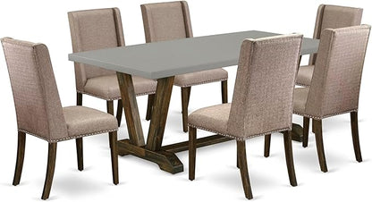 East West Furniture V797FL716-7 7 Piece Dining Room Furniture Set Consist of a Rectangle Dining Table with V-Legs and 6 Dark Khaki Linen Fabric Parsons Chairs, 40x72 Inch, Multi-Color