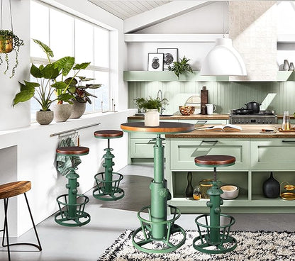 Topower Antique Industrial Round Bottom Adjustable Height Cafe Coffee Retro Vintage Stylish Water Pipe Design Pub Kitchen Bar Stool (Antique Green, Wooden Top)