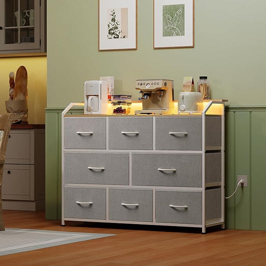 WLIVE Dresser TV Stand with Power Outlets, Led Dresser for Bedroom, Fabric Chest of Drawers with Open Shelves, Wood Top, Steel Frame, 6 Drawer Dressers for Closet, Living Room, Light Grey