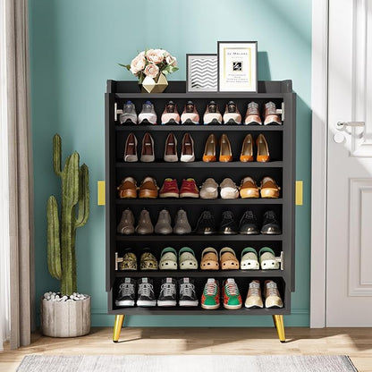 Tribesigns Shoe Cabinet with Doors, 7-Tier Shoe Storage Cabinet with Adjustable Shelves, Wooden Shoes Rack Shoe Storage Organizer for Entryway, Hallway, Closet, Living Room, Black