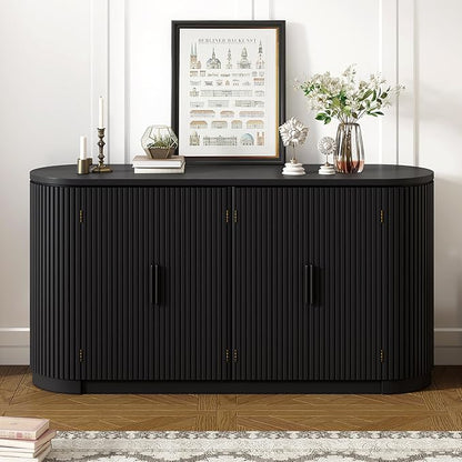 Merax 63" Large Sideboard, Vertical Striped Storage Cabinet with 4 Door, Metal Handles, Adjustable Shelf, Suitable for Study, Entryway and Living Room, Black