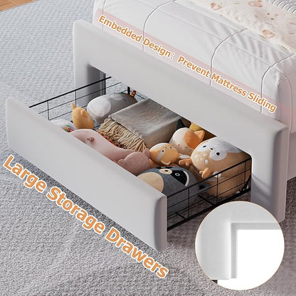 Twin Upholstered LED Bed Frame with Storage Drawer and Adjustable Chic Double Wavy Headboard, Velvet Prince Platform Bed for Boys/Kids, Solid Wood Slats Support, No Box Spring Needed, Grey