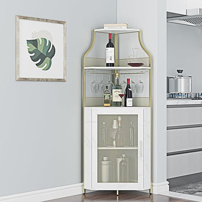 GarveeHome Corner Wine Cabinet with Detachable Wine Rack, 5-Tier Industrial Corner Bar Cabinet with Barn Door and Glass Holder, Farmhouse Buffet Cabinet and Home Bar, Gold