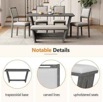 Ball & Cast 6-Piece Dining Table Set for 6 People, 60" Wood Dining Kitchen Table & Chairs Set, Rectangular Dining Room Table with Trapezoidal Base,4 Upholstered Chairs & 1 Bench, Kitchen, Gray