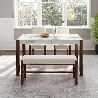 Ball & Cast 4-Piece Dining Furniture Set with 2 Upholstered Chairs & 1 Bench,Dining Table Set for 4 W/ 46" Faux Marble Style Table,for Restaurant,Home Bistro,Off White