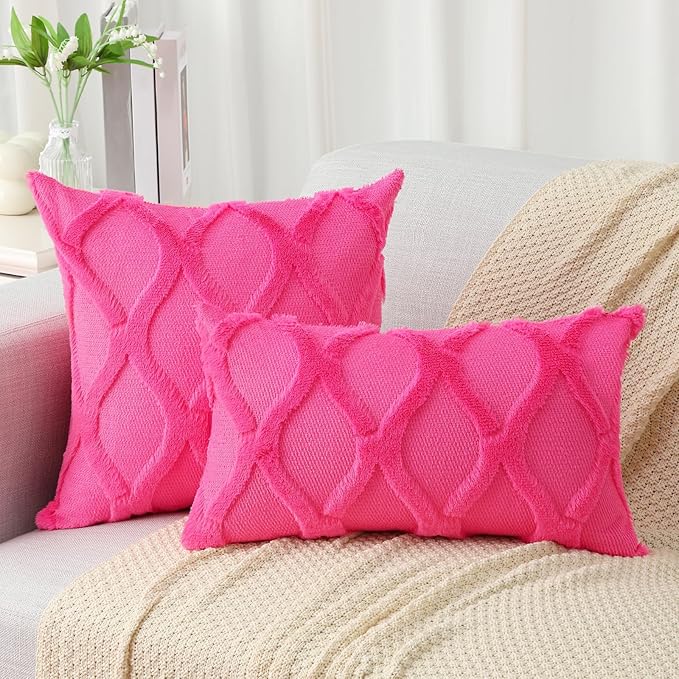 decorUhome Throw Pillow Covers 16x16 Inch Set of 2, Soft Plush Faux Fur Wool Hot Pink Couch Pillow Covers, Decorative Neutral Pillow Cases for Bed Sofa Living Room Home Decor