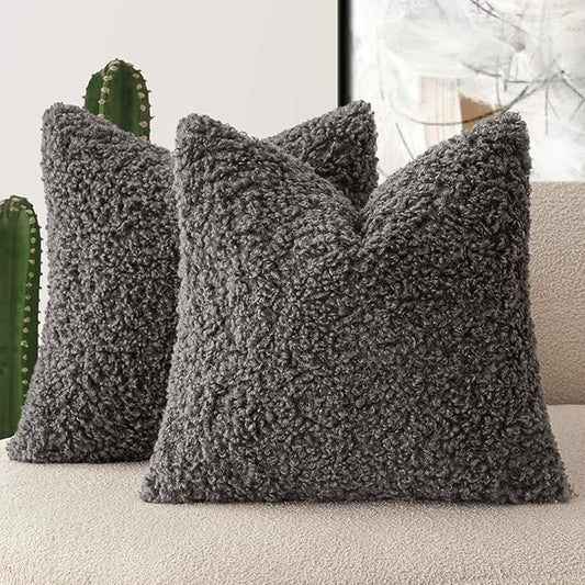 Foindtower 2 Pieces 16x16 Inch Dark Gray, Faux Fur Throw Pillow Cover Accent Sherpa Furry Pillow Covers Fuzzy Soft Pillowcases Cozy Sheepskin Decorative Fleece Cushion Case for Bed Couch Living Room