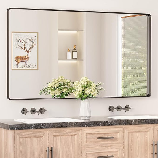 Keonjinn Black Bathroom Mirror for Vanity 55 x 30 Inch Large Metal Framed Wall Mirror Matte Black Rounded Rectangle Farmhouse Mirror, HD Tempered Glass, Modern Decorative Mirror(Horizontal/Vertical)