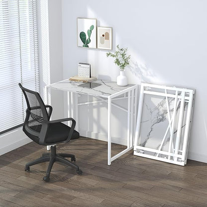 32 inch Folding Small Desk, Writing Gaming Computer Camping Desk for Small Spaces, No Assembly Required Home Office Desk, White Marble
