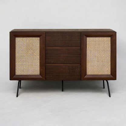 NTC MOSSIC Sideboard with 2 Doors and 3 Drawers, Buffet Cabinet with Natural Rattan and Metal Legs, Modern Storage Cabinet for Living Room, and Hallway, Effortless Assembly - Dark Walnut