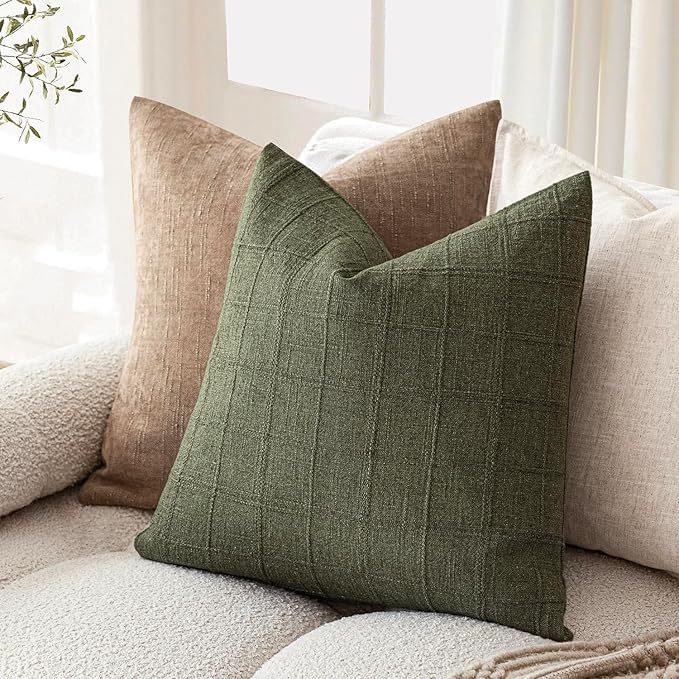 Foindtower Set of 2 Decorative Linen Check Throw Pillow Covers Neutral Farmhouse Vintage Cushion Covers Modern Boho Home Decor for Sofa Chair Couch Bedroom Living Room Outdoor,26×26 Inch,Olive Green