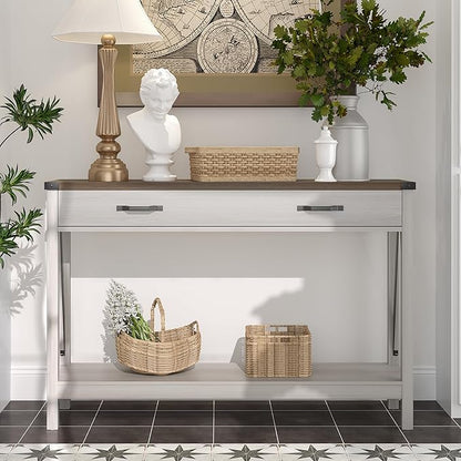 ChooChoo 47'' Farmhouse Console Table with Drawer, Entryway Table with Storage Shelf, Rustic A-Design Sofa Table for Hallway, Entrance, Living Room, White&Brown