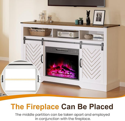 RoyalCraft Farmhouse TV Stand for 23" Electric Fireplace, Tall Entertainment Center for 65+ Inch TV, 34" Tall Rustic TV Console with Sliding Bar Door for Living Room, Wood-Tone and White