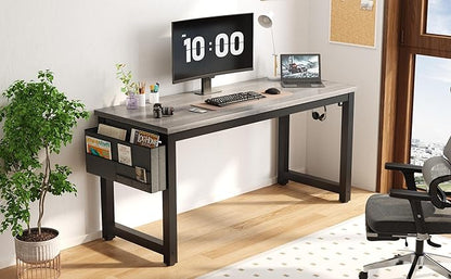 Large Computer Desk - 63 Inch Home Office Desks Study Student Writing Table Gaming Desk Wood Modern Simple Table with Storage Bag & Headphone Hooks, Grey