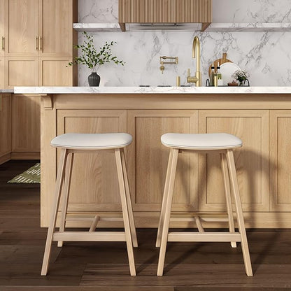 Plank+Beam Beryl Counter Height Stool - Mid-Century Modern Rubberwood Bar Stool with Faux Leather Seat, Metal Footrest, Easy Assembly, Blonde/Sesame