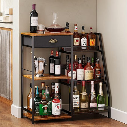 Liquor Cabinet Bar for Home with Drawer, 3-Tier Wine Rack Freestanding Floor and Wine Shelf with Step Design for Whiskey, Spirits, Vintage Mini Bar for Kitchen Apartment