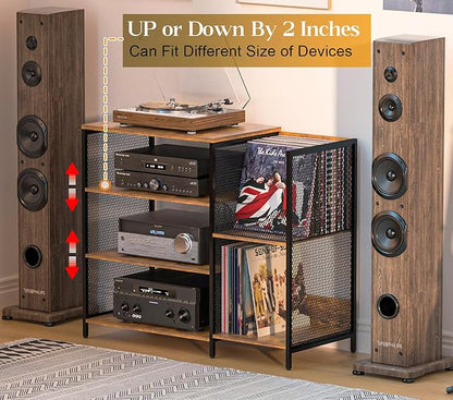 Large Record Player Stand Table with vinyl record holder, AV Media Stand With Charging Station & USB Ports, Stereo Cabinet Stand with Led Strip Light, Sturdy, Adjustable Feet, Rustic, Large Capacity
