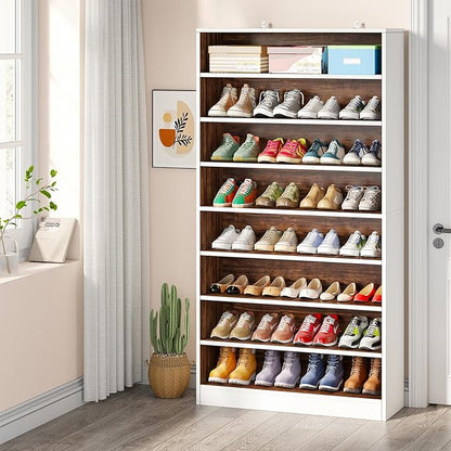 Tribesigns Tall Shoe Cabinet, 9 Tiers 40-45 Pairs Heavy Duty Wood Freestanding Shoe Storage Cabinet, 70.8'' Tall Shoe Cabinet with Open Storage for Entryway (White/Brown)