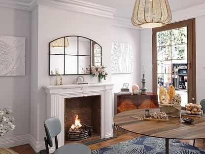 Window Pane Black Mirror, 36" x 24" Farmhouse Arched Window Mirror, Large Grid Mirror for Living Room Bedroom Fireplace Hallway Entryway
