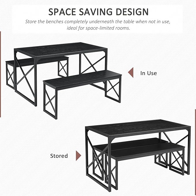 VECELO Kitchen Dining Table Set for 4 to 6, 55" Wood Dinette 2 Benches with Metal Frame for Dinner Breakfast Nook and Small Space, Black