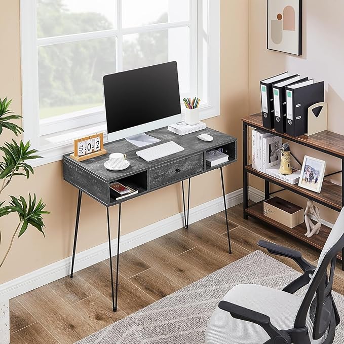 VECELO 39.3" Home Office Work Table with Drawers,Computer Desk with Hairpin Leg for Writing/Study,Classic Grey
