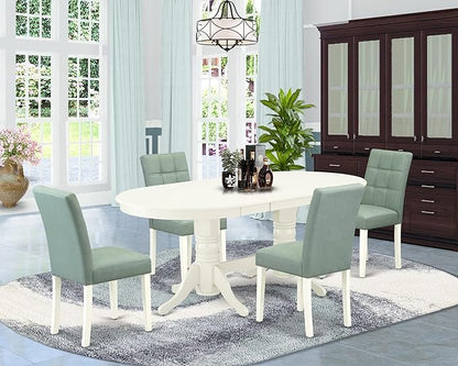 East West Furniture VAAS5-LWH-43 5 Piece Kitchen Table Set contain A Wooden Table and 4 Willow Green Polyester Fabric Mid Century Chairs, Linen White