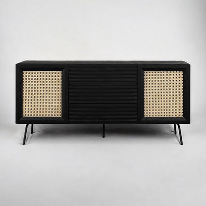 NTC MOSSIC Sideboard with 2 Doors and 3 Drawers, Buffet Cabinet with Natural Rattan and Metal Legs, Modern Storage Cabinet for Living Room, and Hallway, Effortless Assembly - Burnt Black