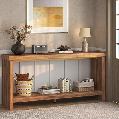 63 Inches Narrow Console Table, 2-Tier Long Sofa Tables Behind Couch Table, Farmhouse Foyer Tables for Entryway, Hallway, Living Room, Rustic Brown