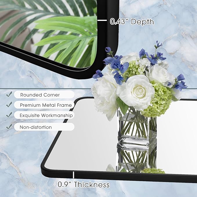 24x32 Inch Rectangle Bathroom Mirror with Black Metal Frame, Rounded Corner Rectangular Vanity Mirror for Wall, Modern Large for Bedroom, Living Room, Horizontal or Vertical