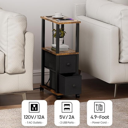 TUTOTAK Small Narrow End Tables, Side Tables with 2 Fabric Drawers, Set of 2, Bedside Tables with Charging Station for Small Spaces, Slim Nightstands with USB Ports and Wheels, TB01BB053