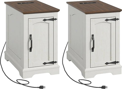 End Tables Set of 2 with Charging Station,13.8" W Narrow Side Table with Storage for Sofa Couch or Bed Side with Outlets & USB Ports, Farmhouse Wooden Nightstand for Bedroom Livingroom
