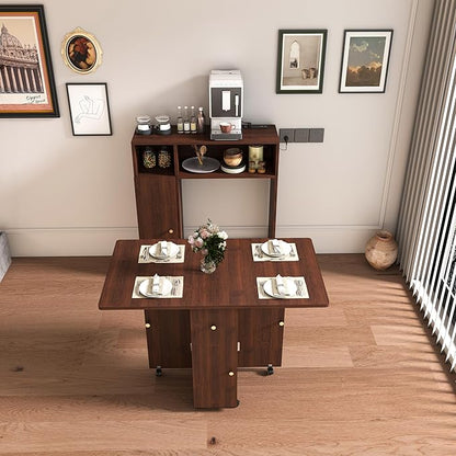 Ball & Cast Multifunctional Folding Dining Table with Wall-Mounted Sideboard & Storage,Wood Kitchen Island w/Four-in-one Socket and Silent Wheels,Space-Saving,Easy to Assemble,for Dining Room,Walnut