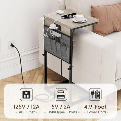 Vagusicc C-Shaped End Table Set of 2 with Charging Station, Small Side Table for Couch, Adjustable Height Couch Side Table, Slide Under Sofa Table TV Tray Tables for Living Room, Bedroom,Bedside, Gray