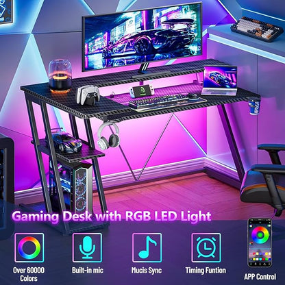55 Inch Gaming Desk with Power Outlet & LED Lights, L Shaped Gamer Computer Table with Storage Shelves for Bedroom, Corner Home Office Desk, Carbon Fiber Black