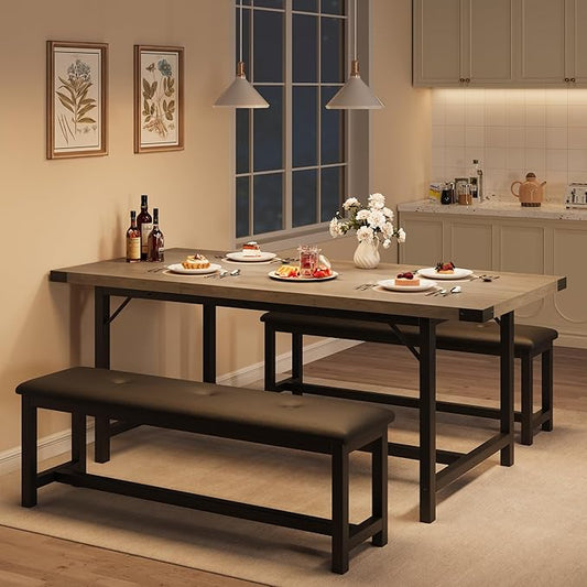 Dining Table Set for 4-6, 63“ Large Extendable Kitchen Table Set, Wood Rectangle Kitchen Table with 2 Soft Benches for Small Space, Apartment, DinnerSaving Space, Grey