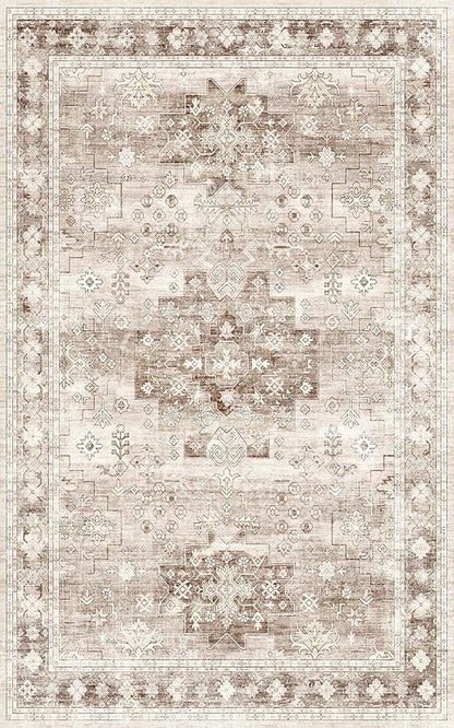 Washable Neutral Farmhouse Living Room Rug, 5x8 Area Rugs for Bedroom Under Bed, Nursery Room, Boho Vintage Floral Non-Slip Rug Low Pile Stain Resistant (5x8 Beige/Latte)