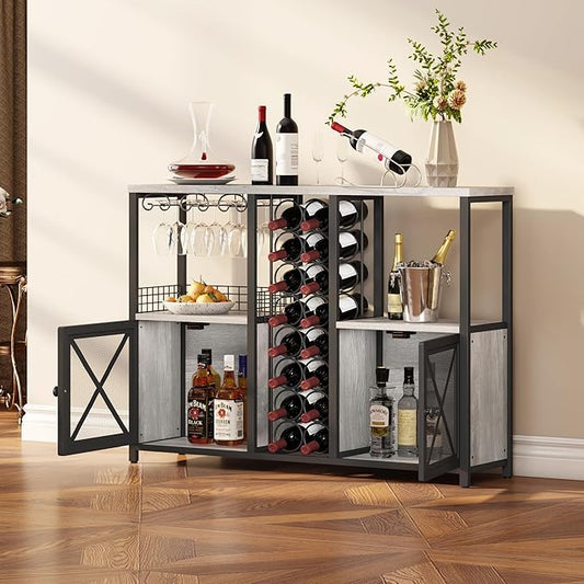 Homeiju Mini Bars for Home, Wooden Coffee Bar Cabinet, Modern Liquor Cabinet for Liquor and Glasses, Farmhouse Buffet Wine Bar Cabinet with Storage Sideboard for Home Kitchen Dining Room (Light Grey)