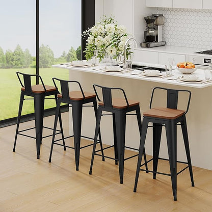 Yongchuang 24" Metal Barstools Set of 2 Counter Bar Stools with Wood Top Low Back Matte Black