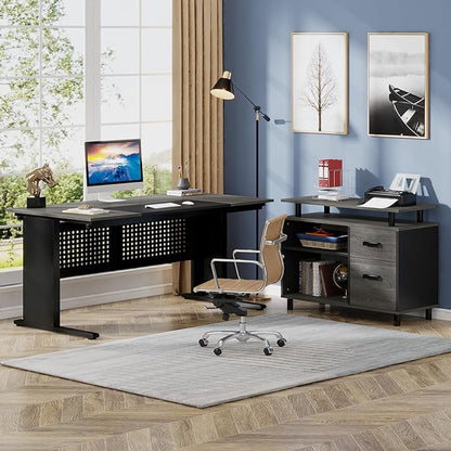 LITTLE TREE Large Computer Desk with File Cabinet, 63 Inch Executive Desk L Shaped Office Desk with Drawers and Storage Shelves, Business Furniture Desk Workstation for Home Office