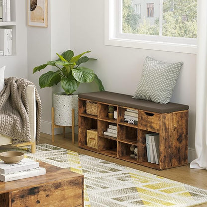 DINZI LVJ Shoe Bench, Entryway Storage Bench with Drawer and 11 Cubbies, Cubby Shoe Rack with Adjustable Shelves, Shoe Organizer Cabinet for Living Room, Mudroom, Closet and Garage, Rustic Brown