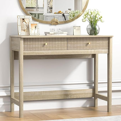 Fluted Writing Desk with Drawers, Makeup Vanity Desk for Bedroom, 40 Inch Home Office Computer Desk with Storage Drawers, Small Console Table
