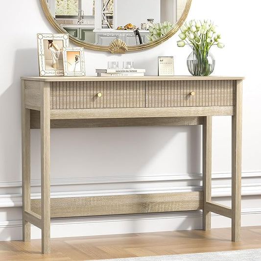 Fluted Writing Desk with Drawers, Makeup Vanity Desk for Bedroom, 40 Inch Home Office Computer Desk with Storage Drawers, Small Console Table