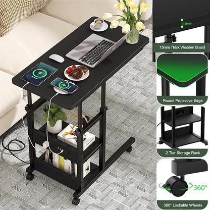 C Shaped End Table Height Adjustable - Couch Side Table with Charging Station, TV Tray with Wheels Slide Under Sofa for Small Spaces, Living Room Bedroom, Black